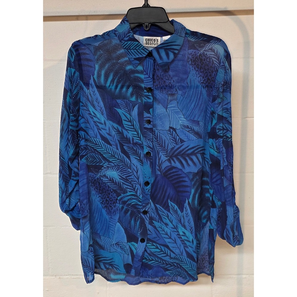 Vintage Chicos Design 100% Silk Blue Tropical Palms Crinkle Button Shirt Travel